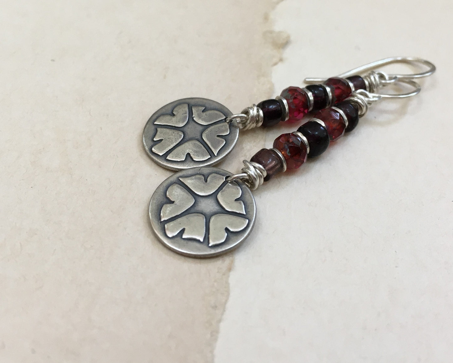 Springtime petunia earrings in silver with red & purple bead stack