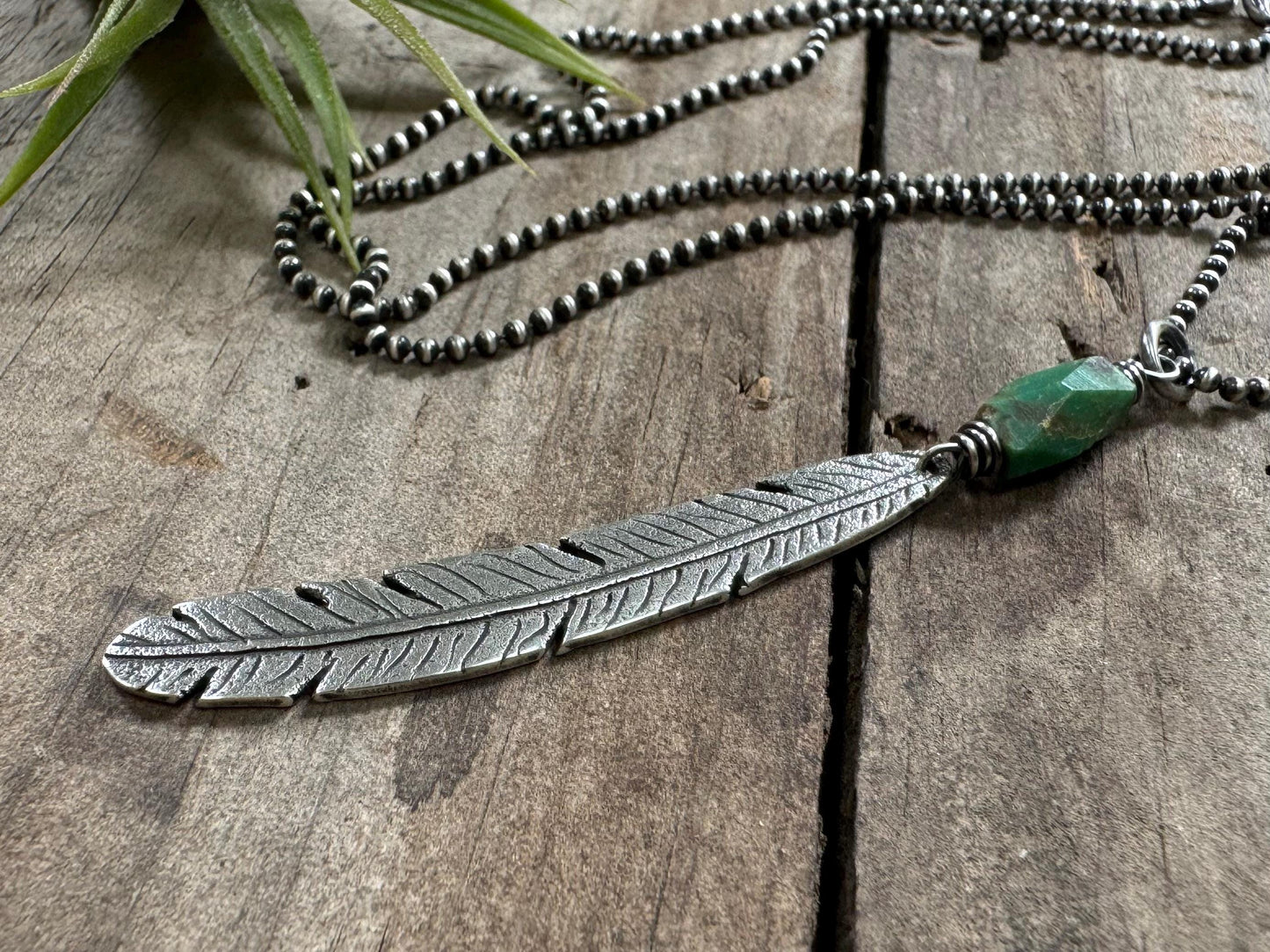 Tribal style silver feather necklace with turquoise on leather or chain