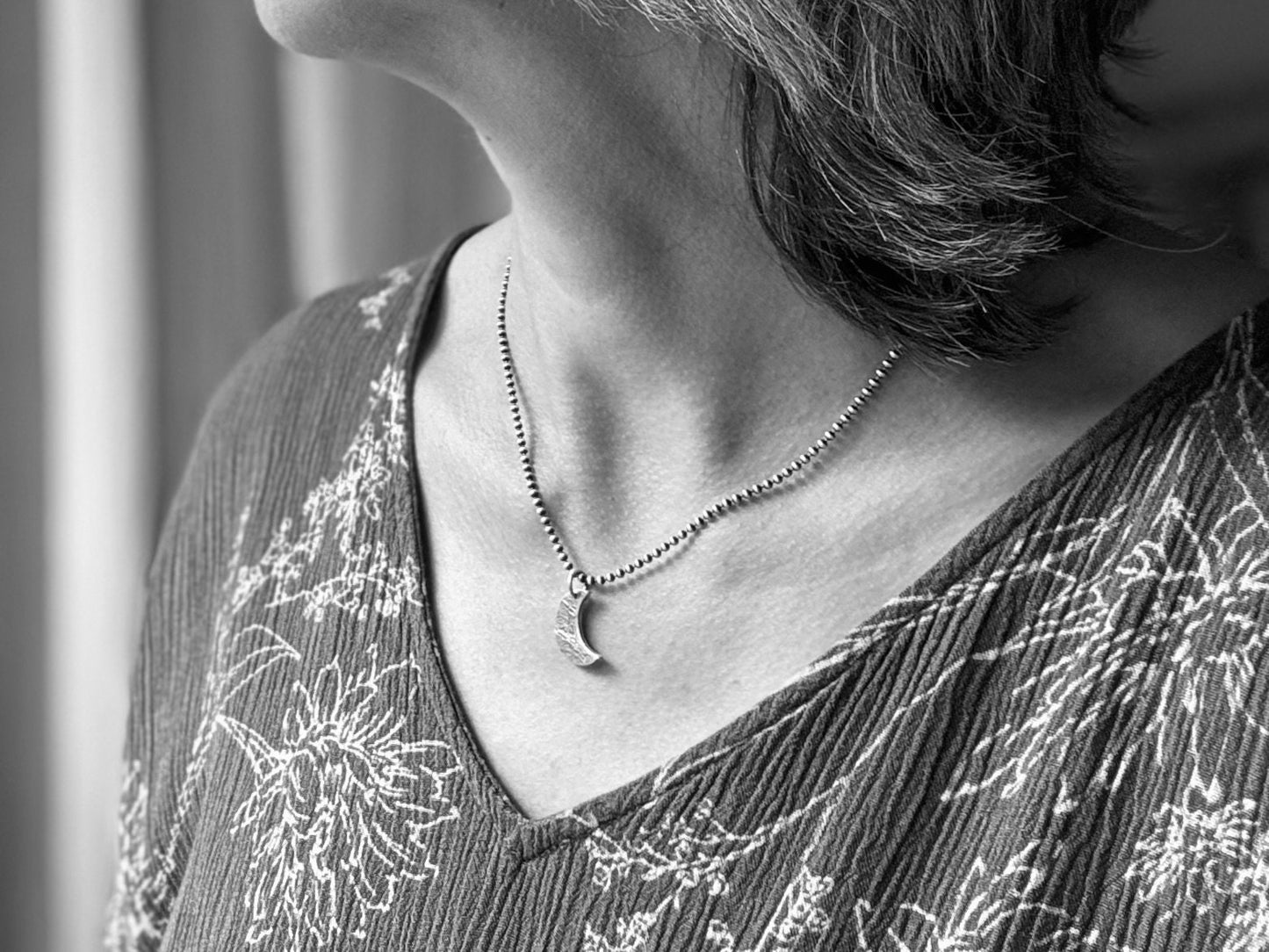 Chunky rock textured silver crescent moon necklace