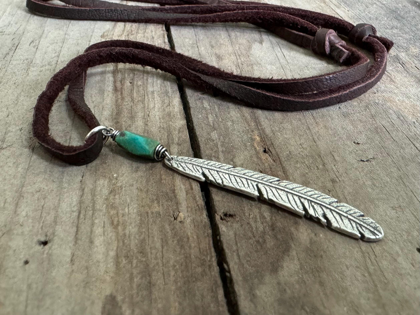 Tribal style silver feather necklace with turquoise on leather or chain