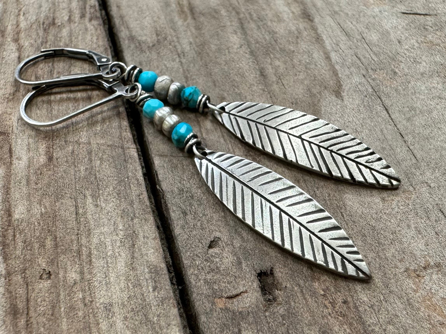 Simple silver feather earrings with bright blue turquoise - pair or single