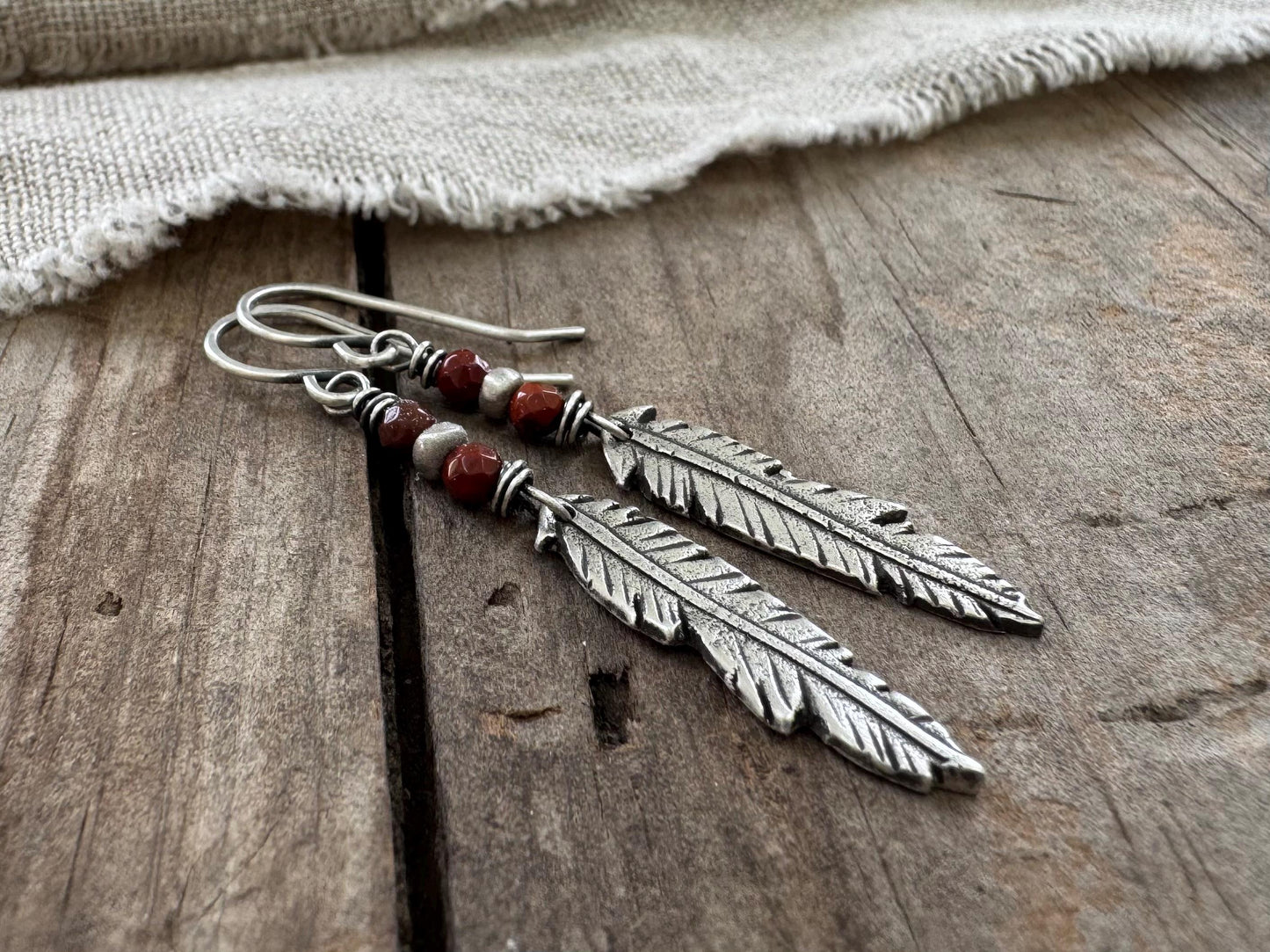 Rustic silver feather earrings with red jasper