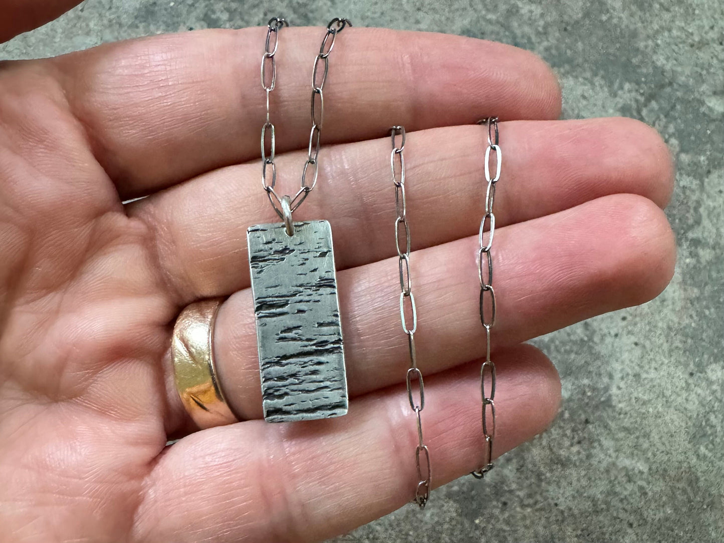 Minimalist silver wood grain dog tag necklace
