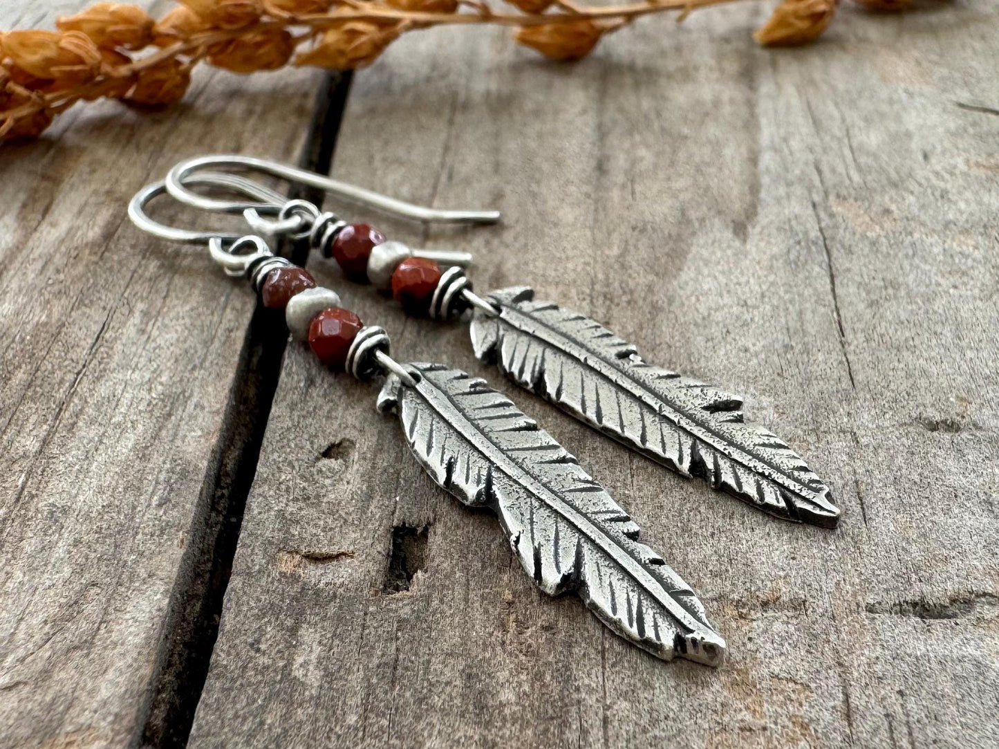 Rustic silver feather earrings with red jasper