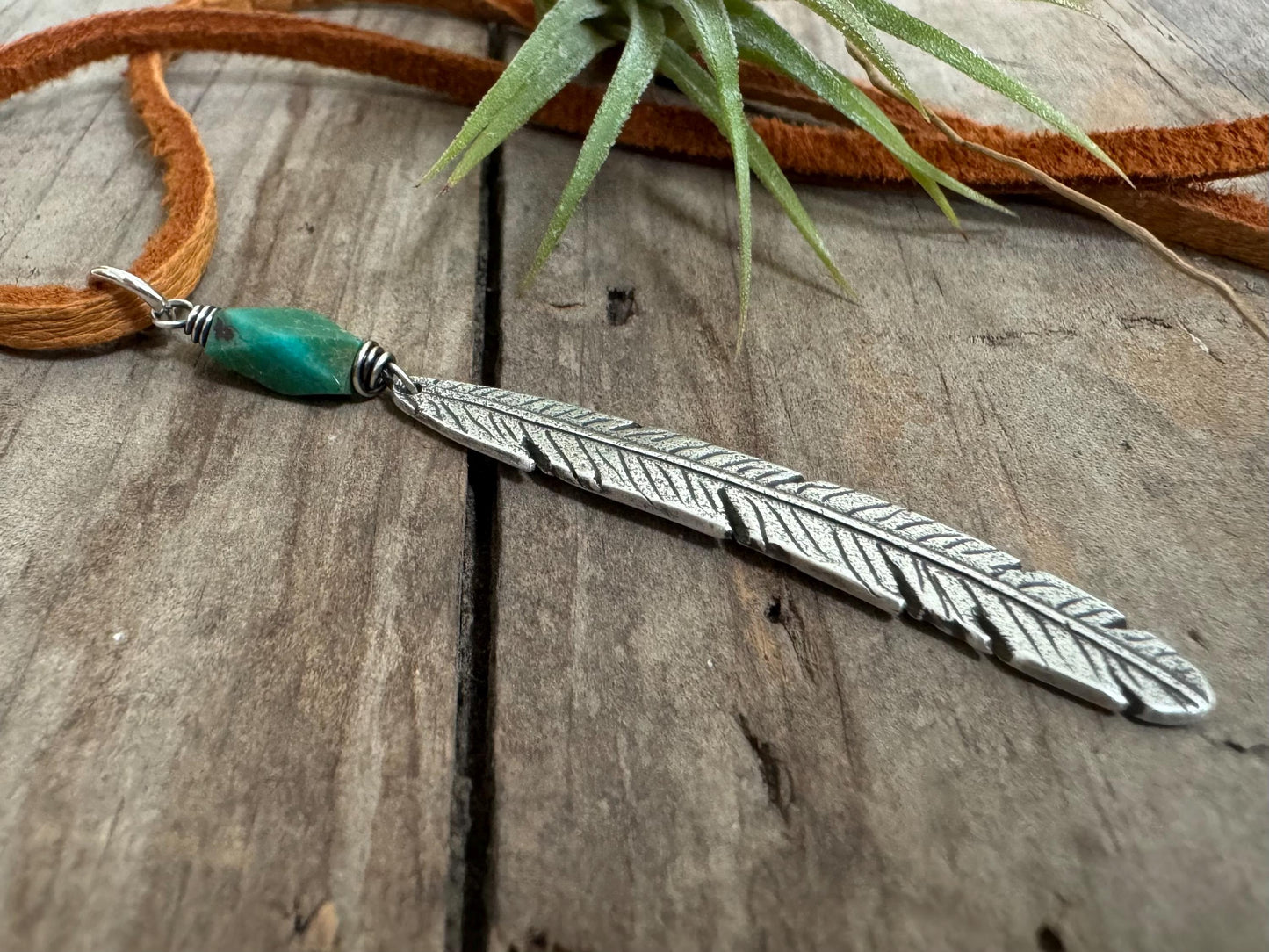 Tribal style silver feather necklace with turquoise on leather or chain
