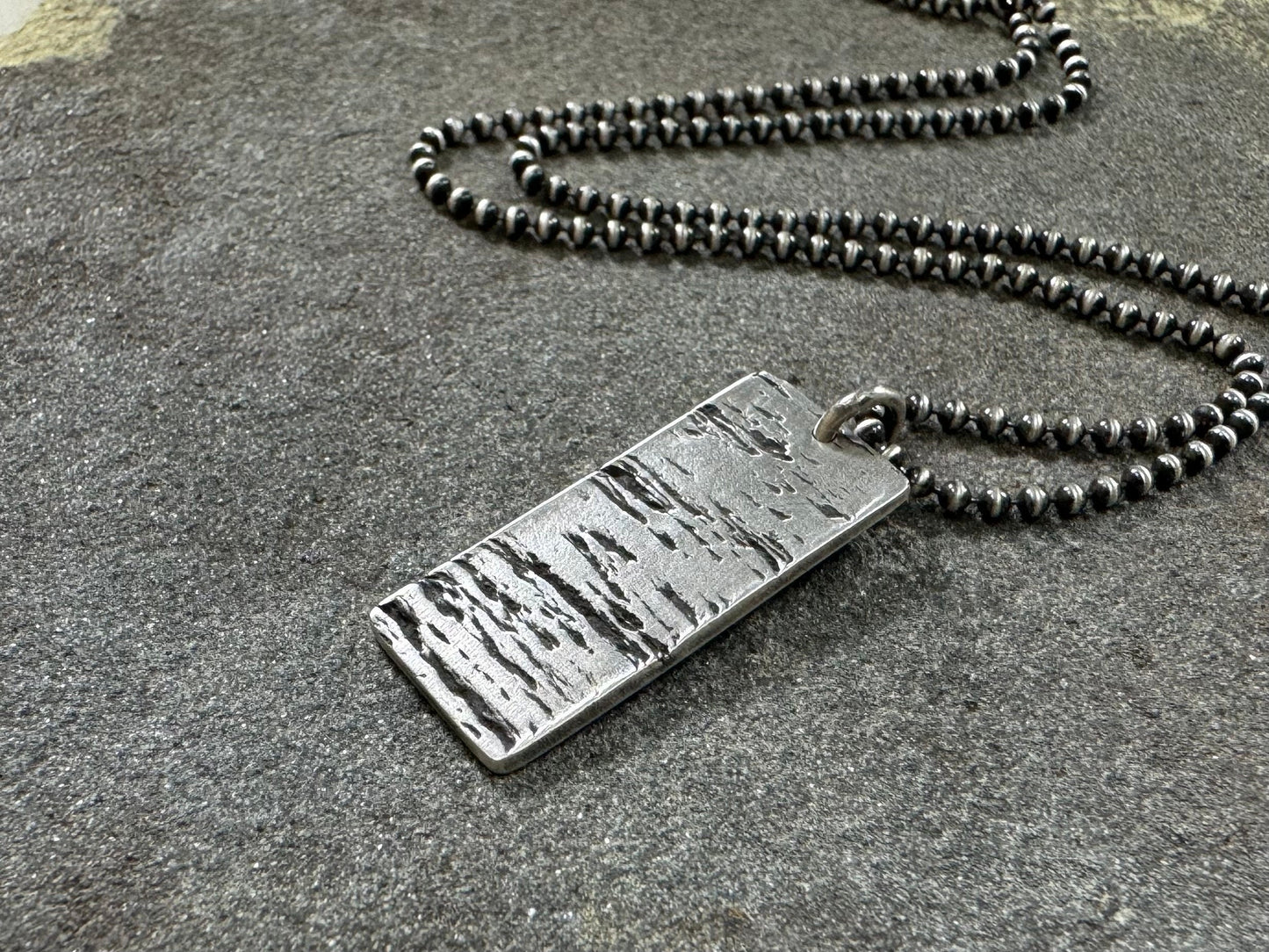 Minimalist silver wood grain dog tag necklace