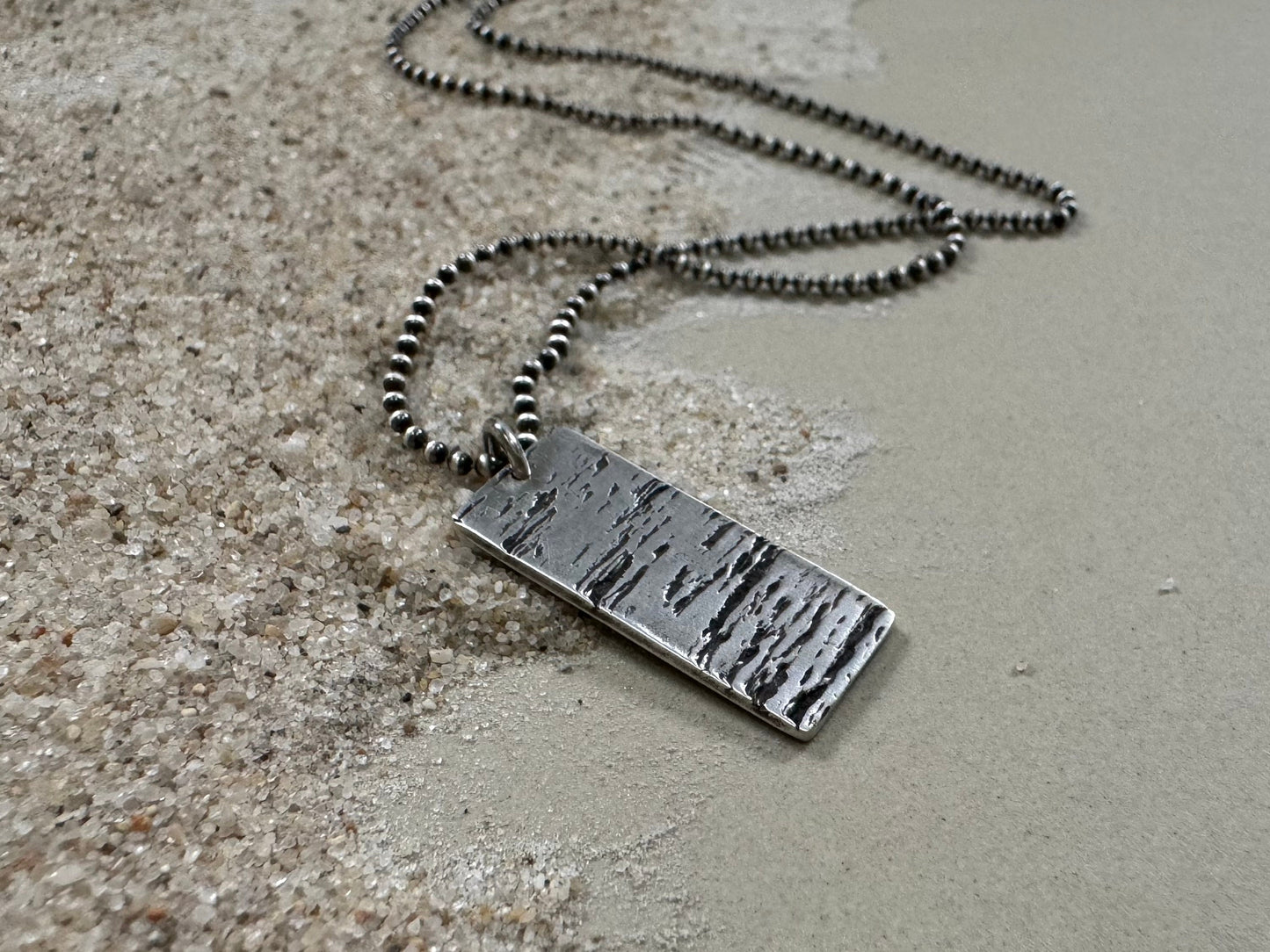 Minimalist silver wood grain dog tag necklace