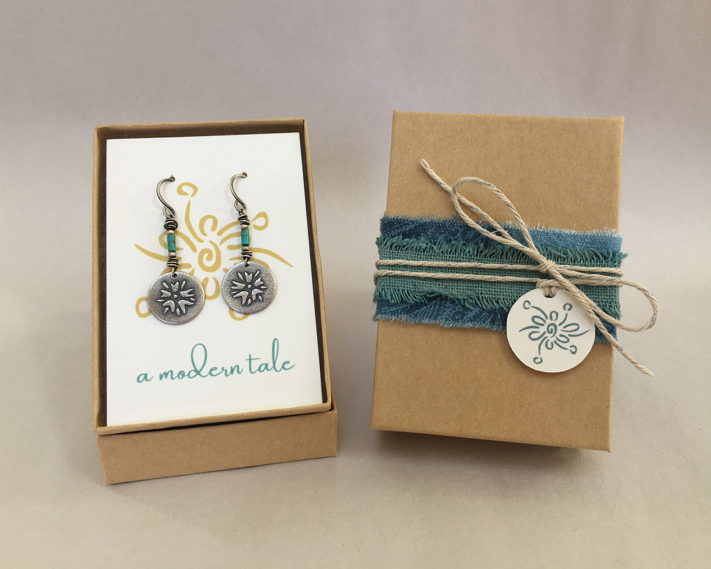 Primitive botanical design teardrop earrings in sterling silver