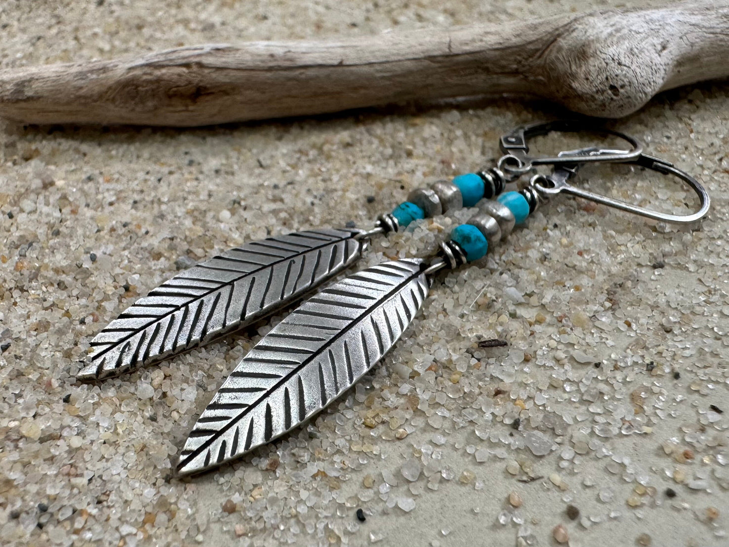 Simple silver feather earrings with bright blue turquoise - pair or single