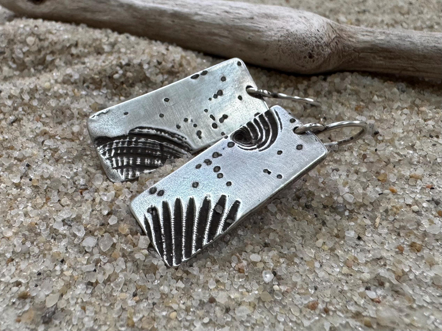 Silver mismatched seashell and sand earrings