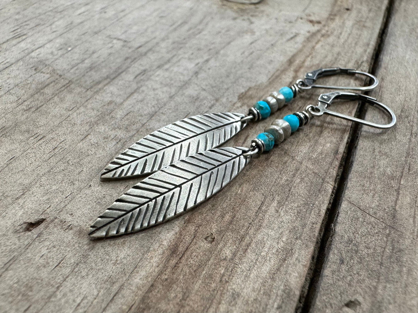 Simple silver feather earrings with bright blue turquoise - pair or single