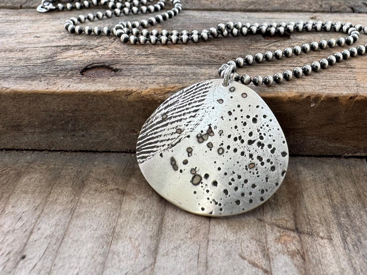 Large silver seashell and sand necklace on ball chain or leather
