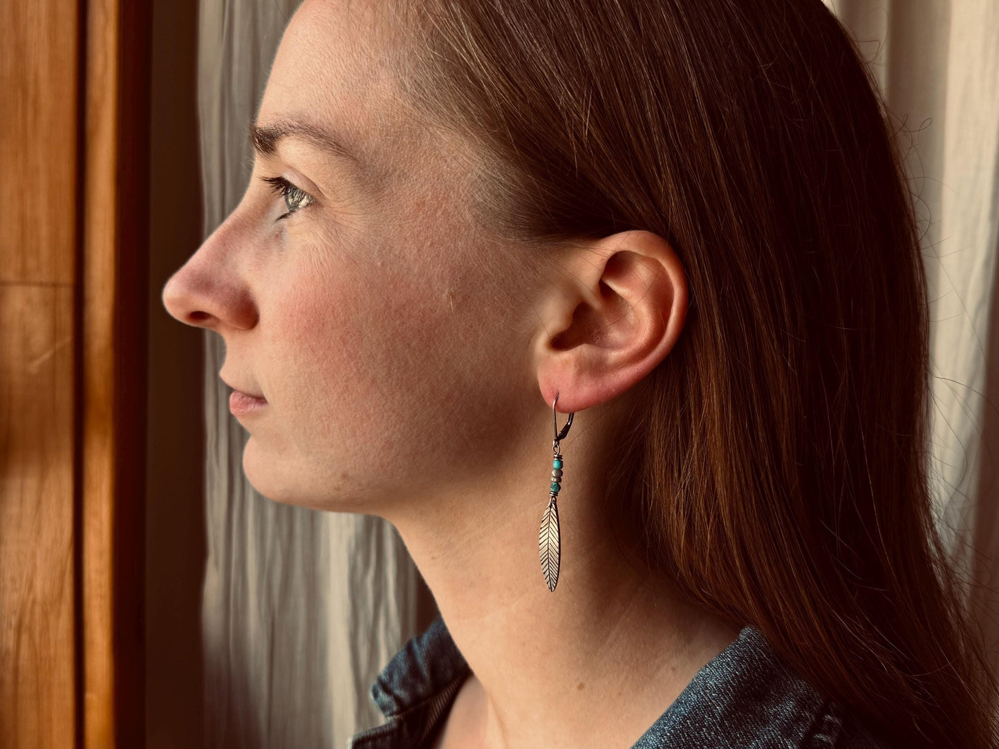 Simple silver feather earrings with bright blue turquoise - pair or single
