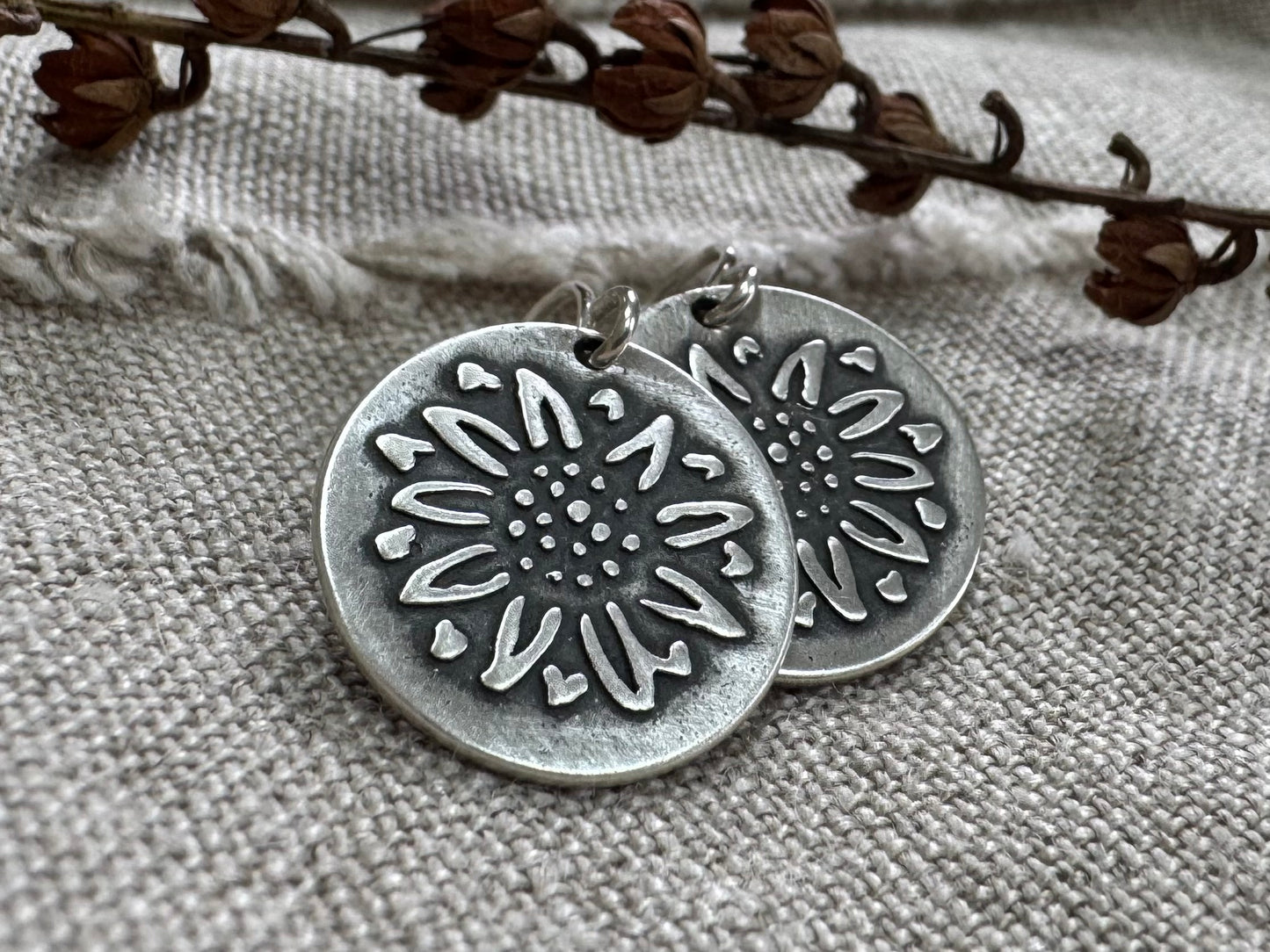 Rustic sunflower earrings in oxidized sterling silver