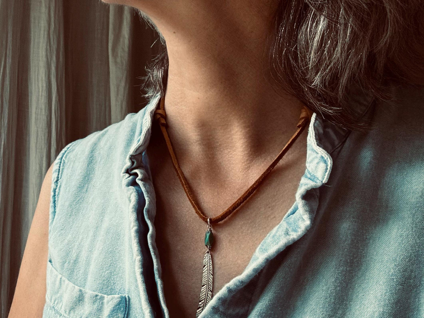 Tribal style silver feather necklace with turquoise on leather or chain