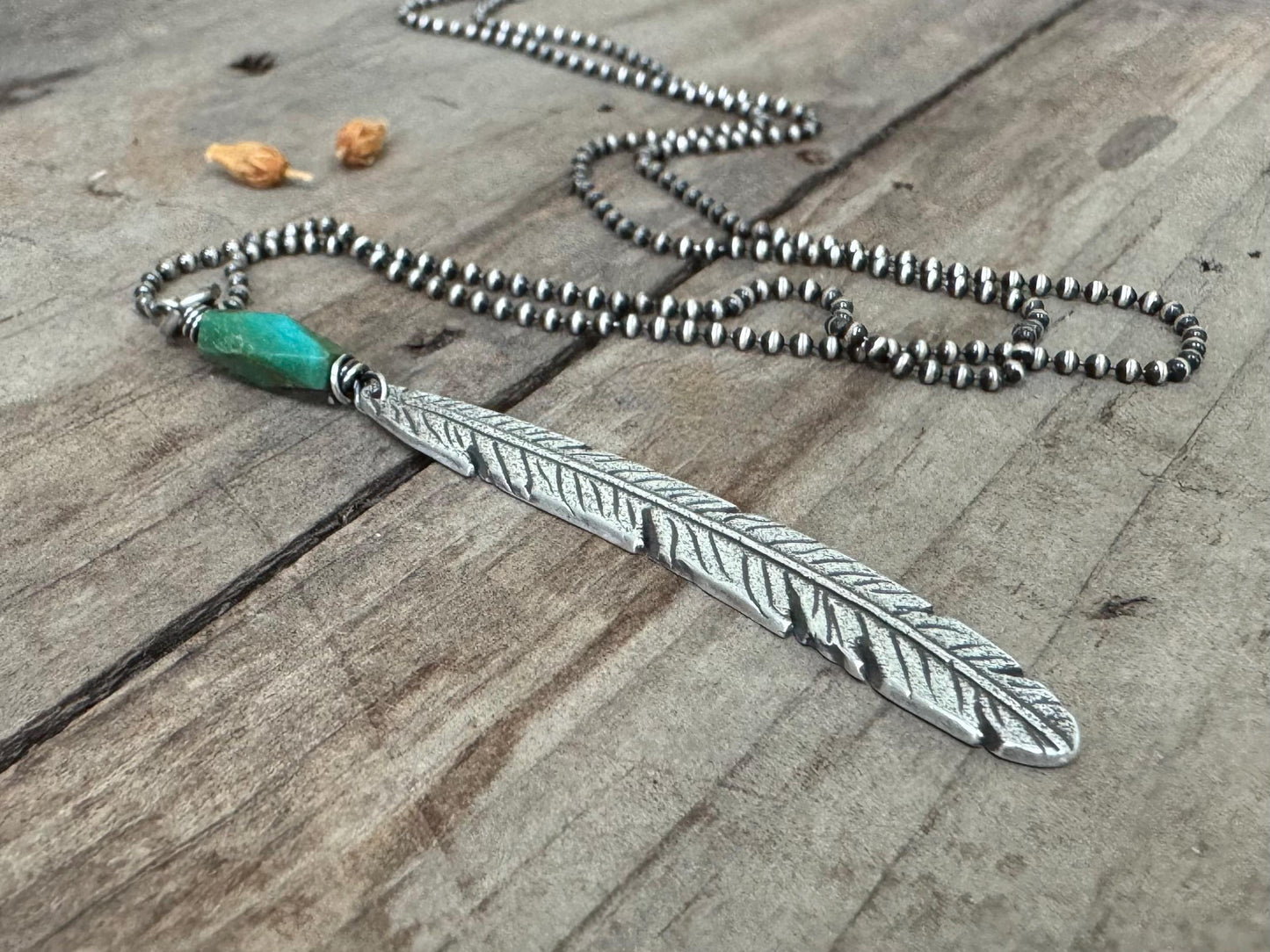 Tribal style silver feather necklace with turquoise on leather or chain