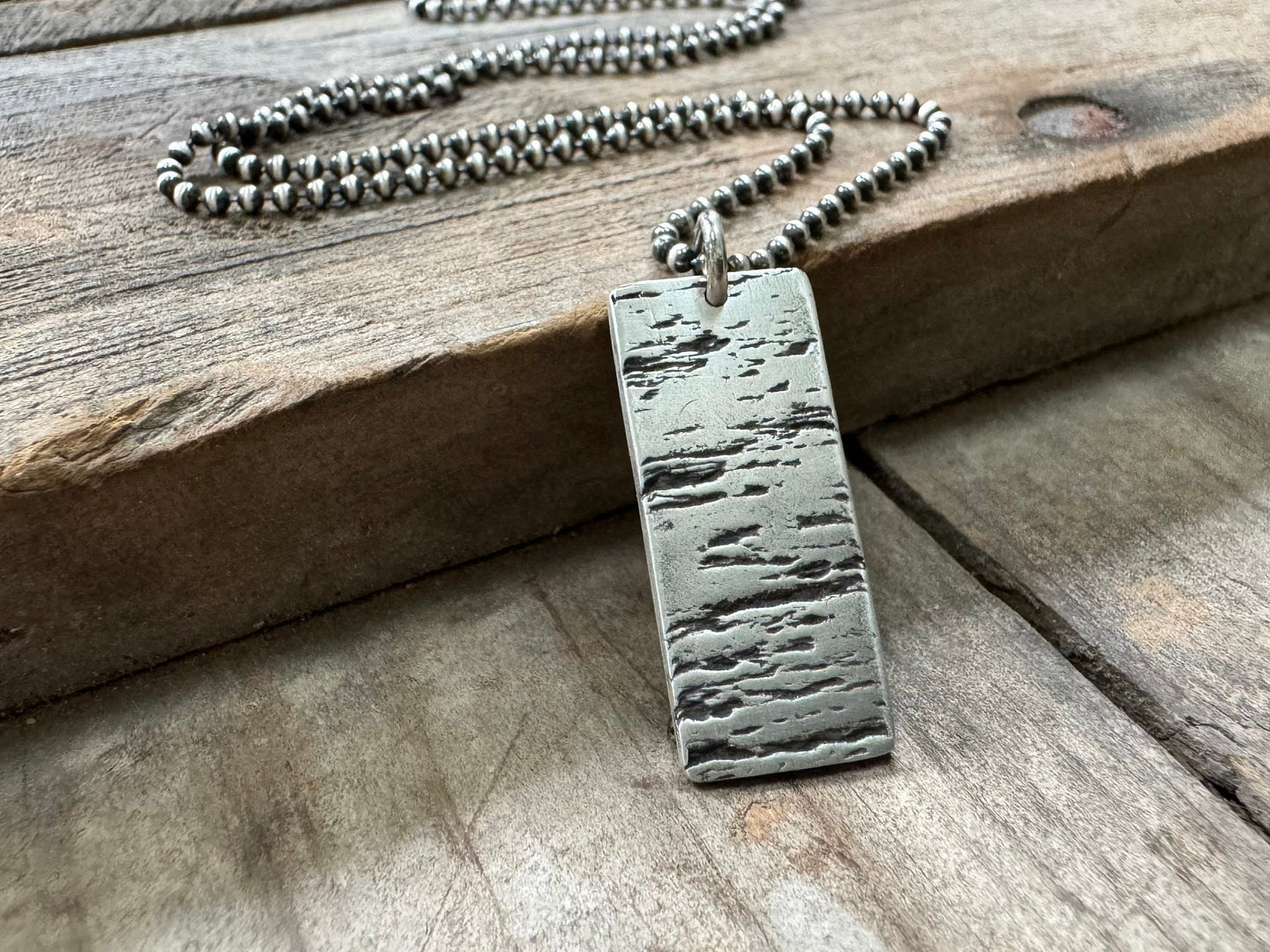 Minimalist silver wood grain dog tag necklace