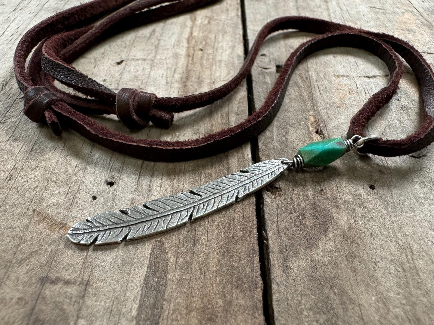 Tribal style silver feather necklace with turquoise on leather or chain