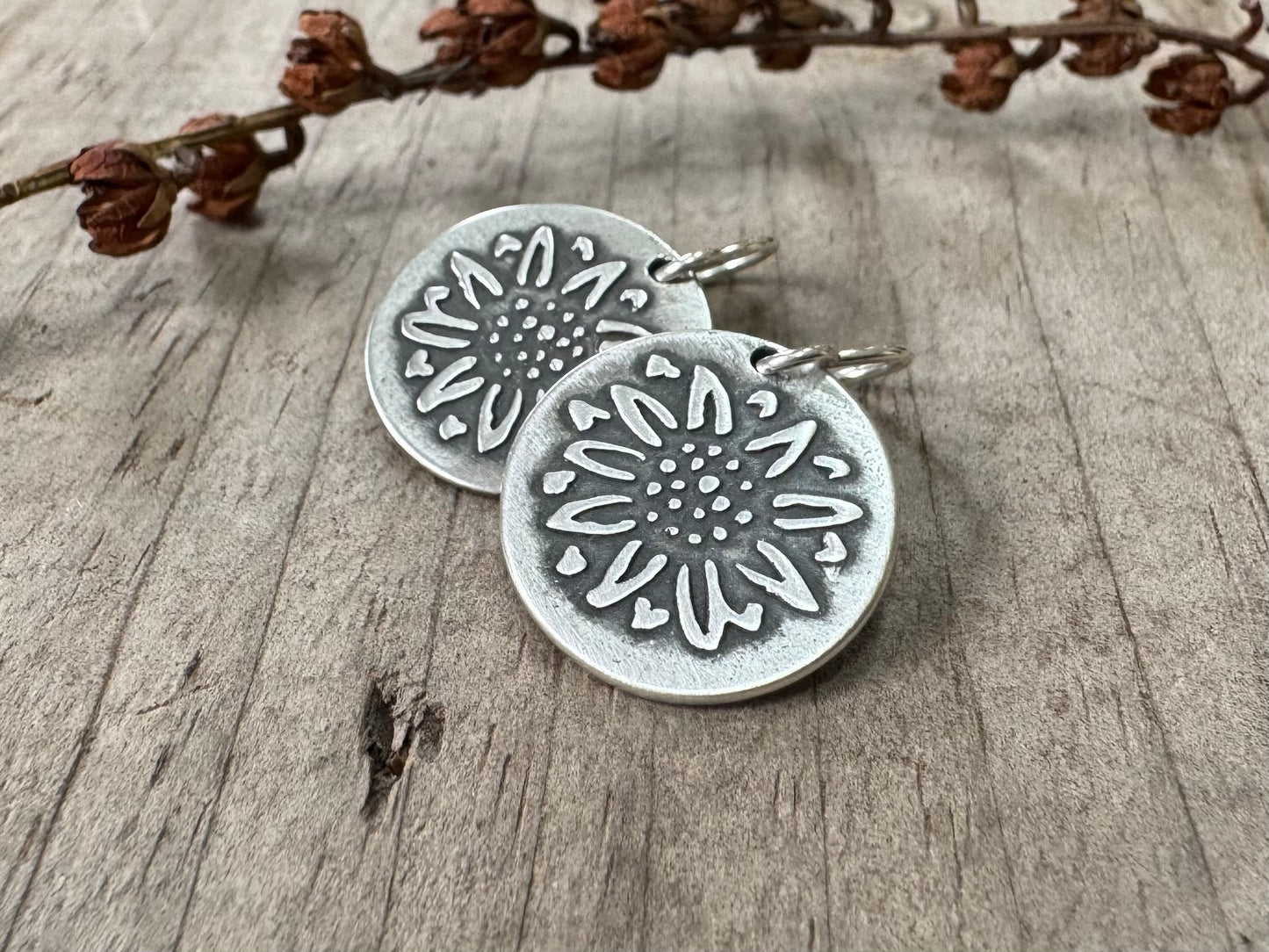 Rustic sunflower earrings in oxidized sterling silver