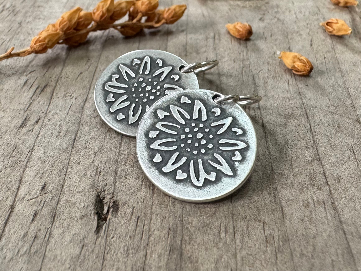 Rustic sunflower earrings in oxidized sterling silver