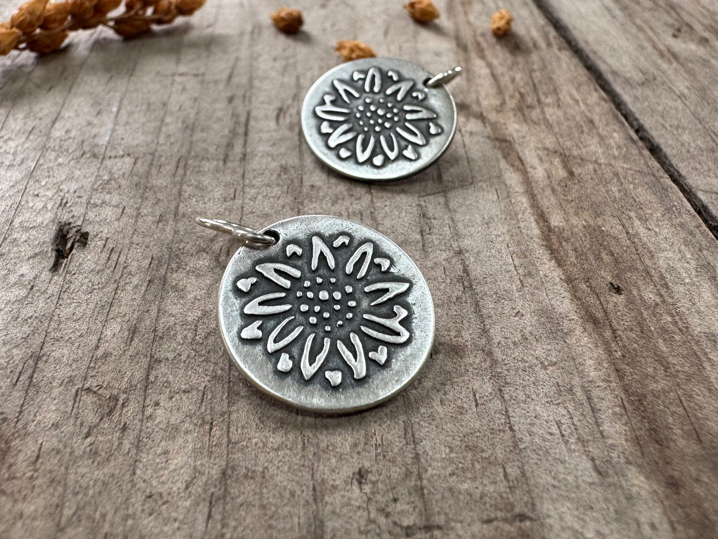 Rustic sunflower earrings in oxidized sterling silver