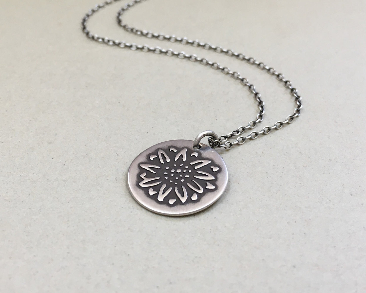 Rustic sunflower necklace in oxidized sterling silver