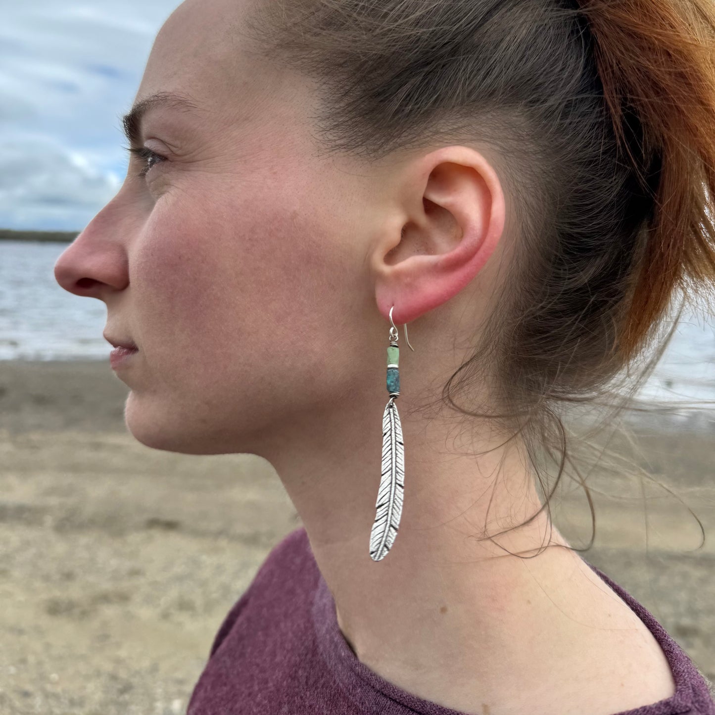 Rustic boho silver feather earrings with turquoise