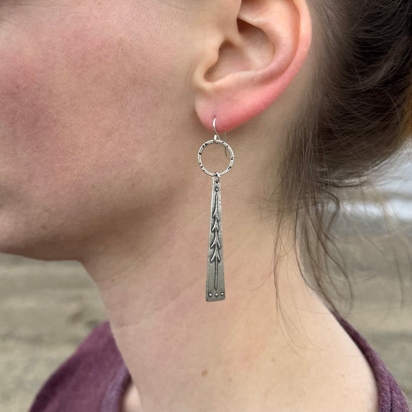 Lone pine tree earrings - long dangle with hoop in oxidized silver