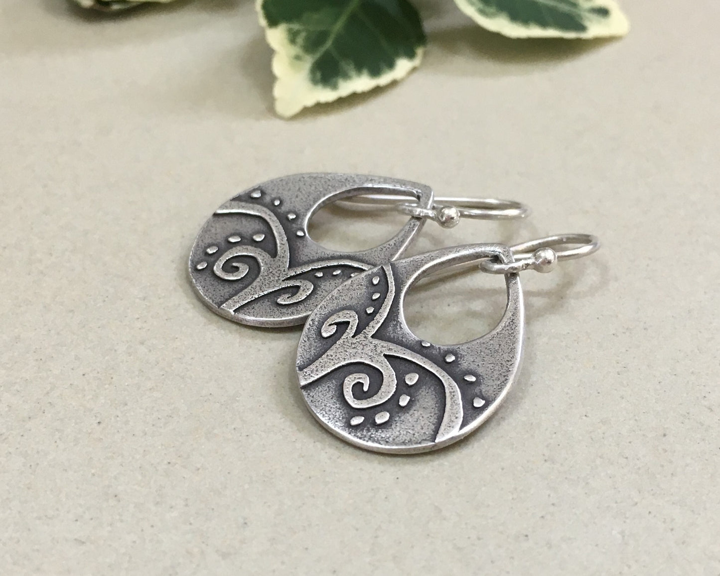 Primitive botanical design teardrop earrings in sterling silver