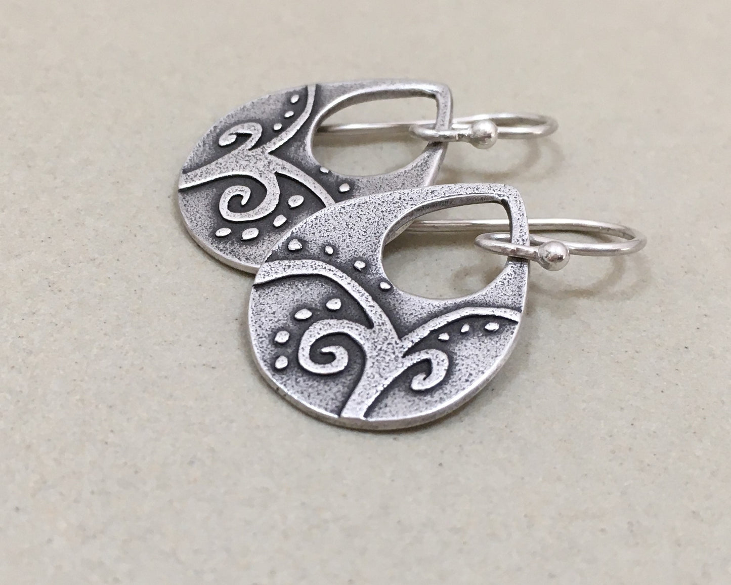 Primitive botanical design teardrop earrings in sterling silver