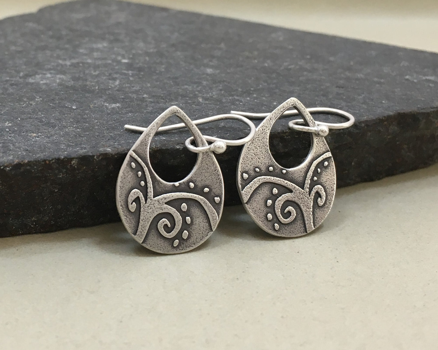 Primitive botanical design teardrop earrings in sterling silver