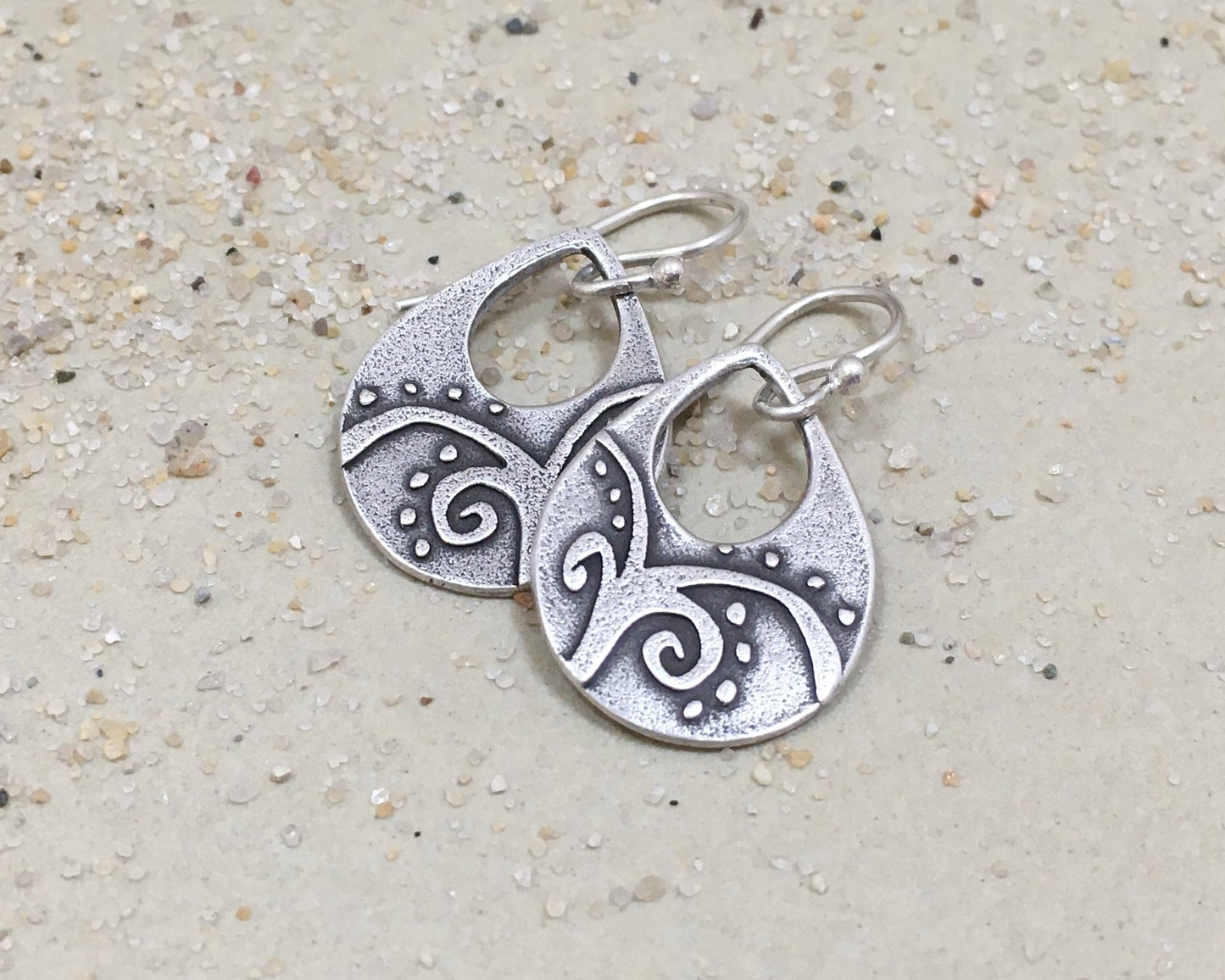 Primitive botanical design teardrop earrings in sterling silver