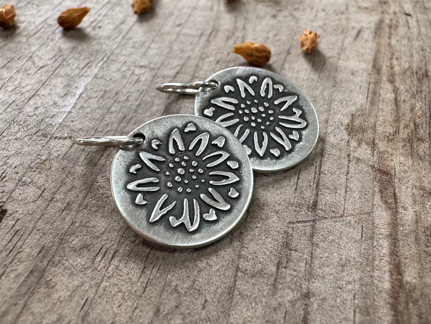 Rustic sunflower earrings in oxidized sterling silver