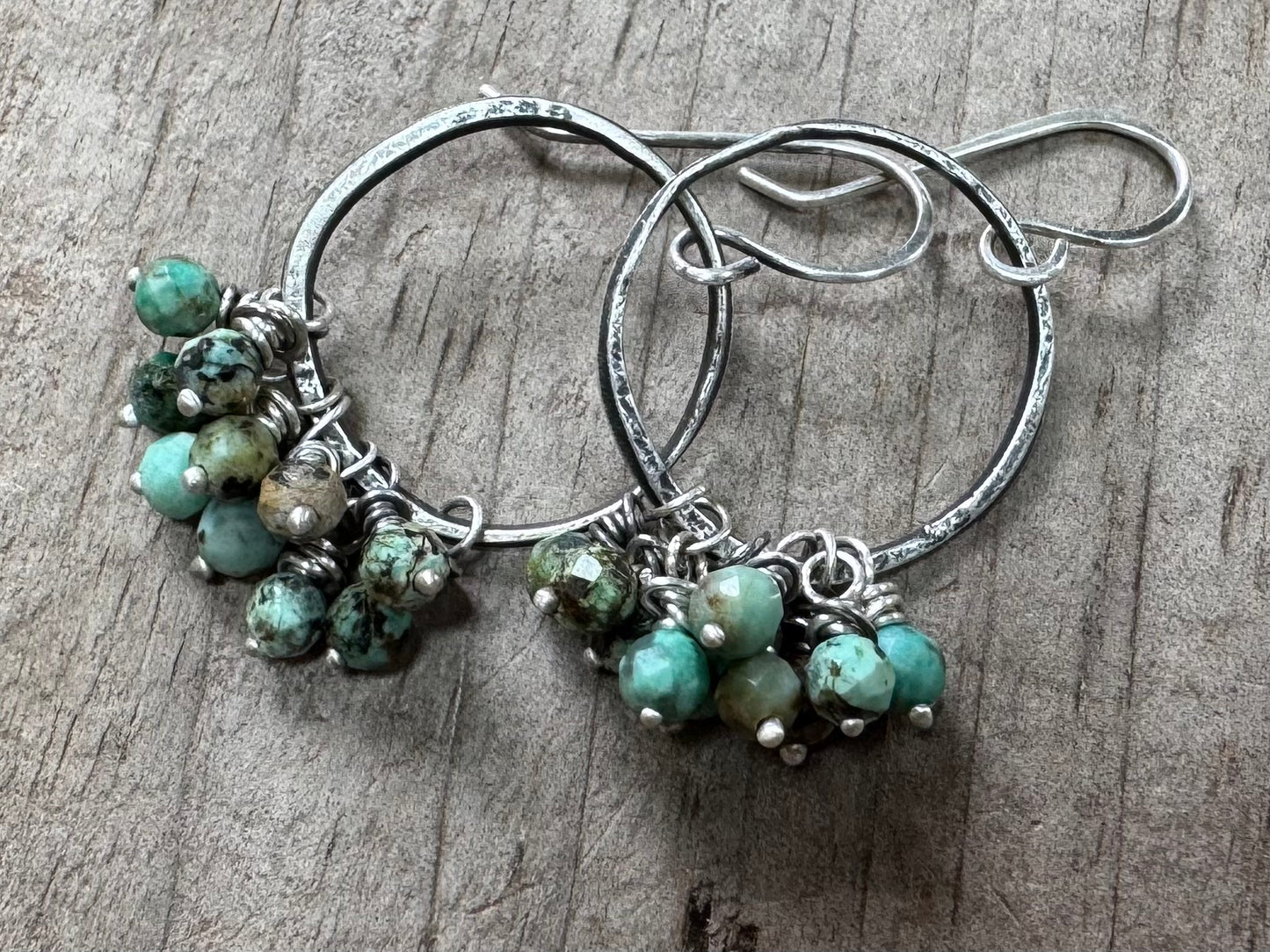 Rustic silver hoops with African turquoise bead cluster