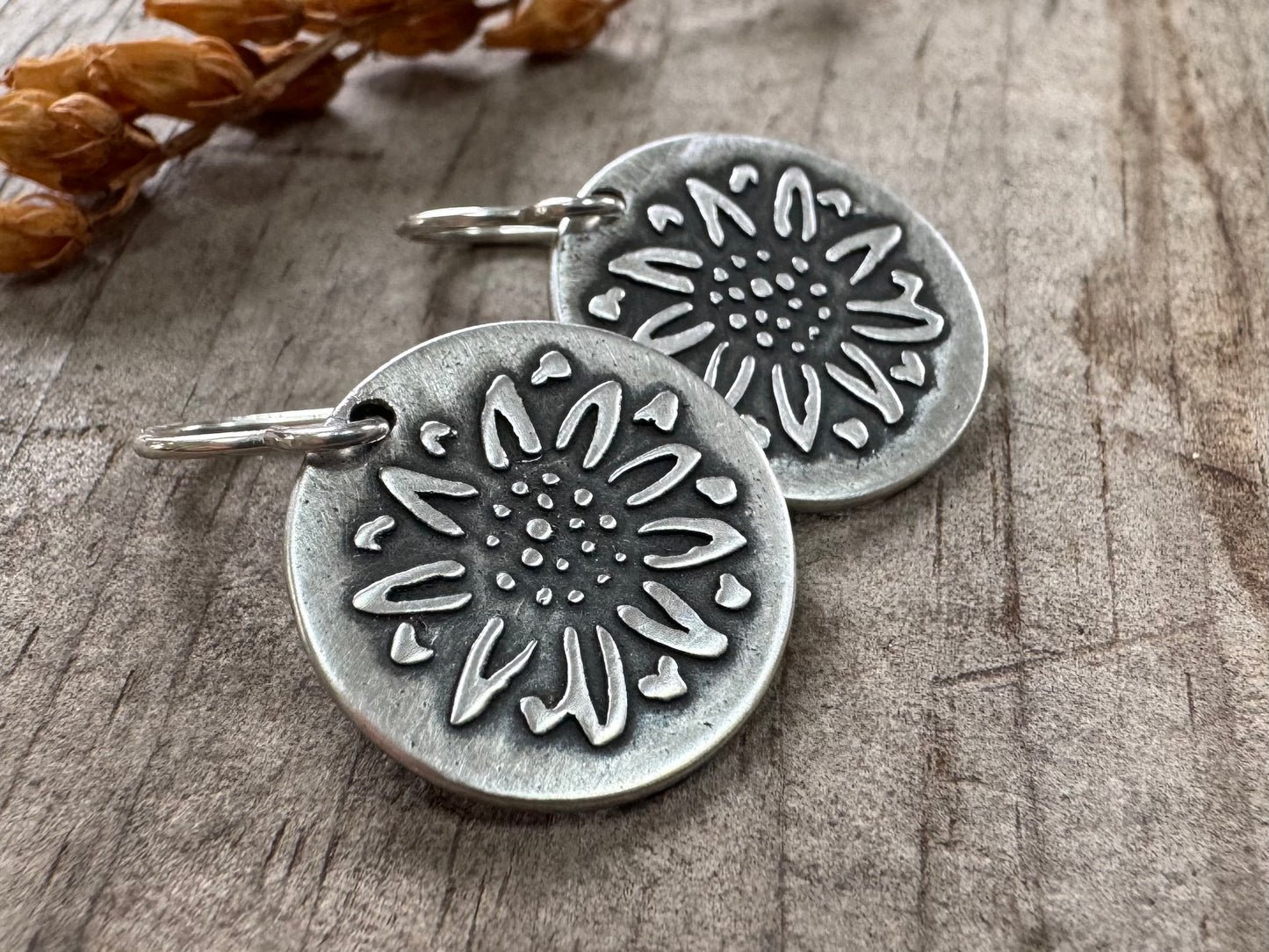 Rustic sunflower earrings in oxidized sterling silver