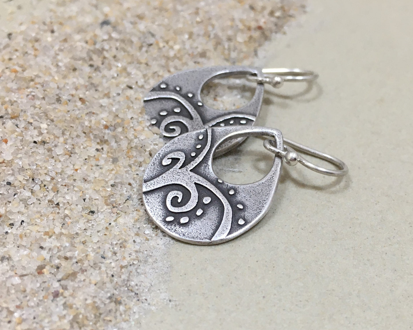 Primitive botanical design teardrop earrings in sterling silver
