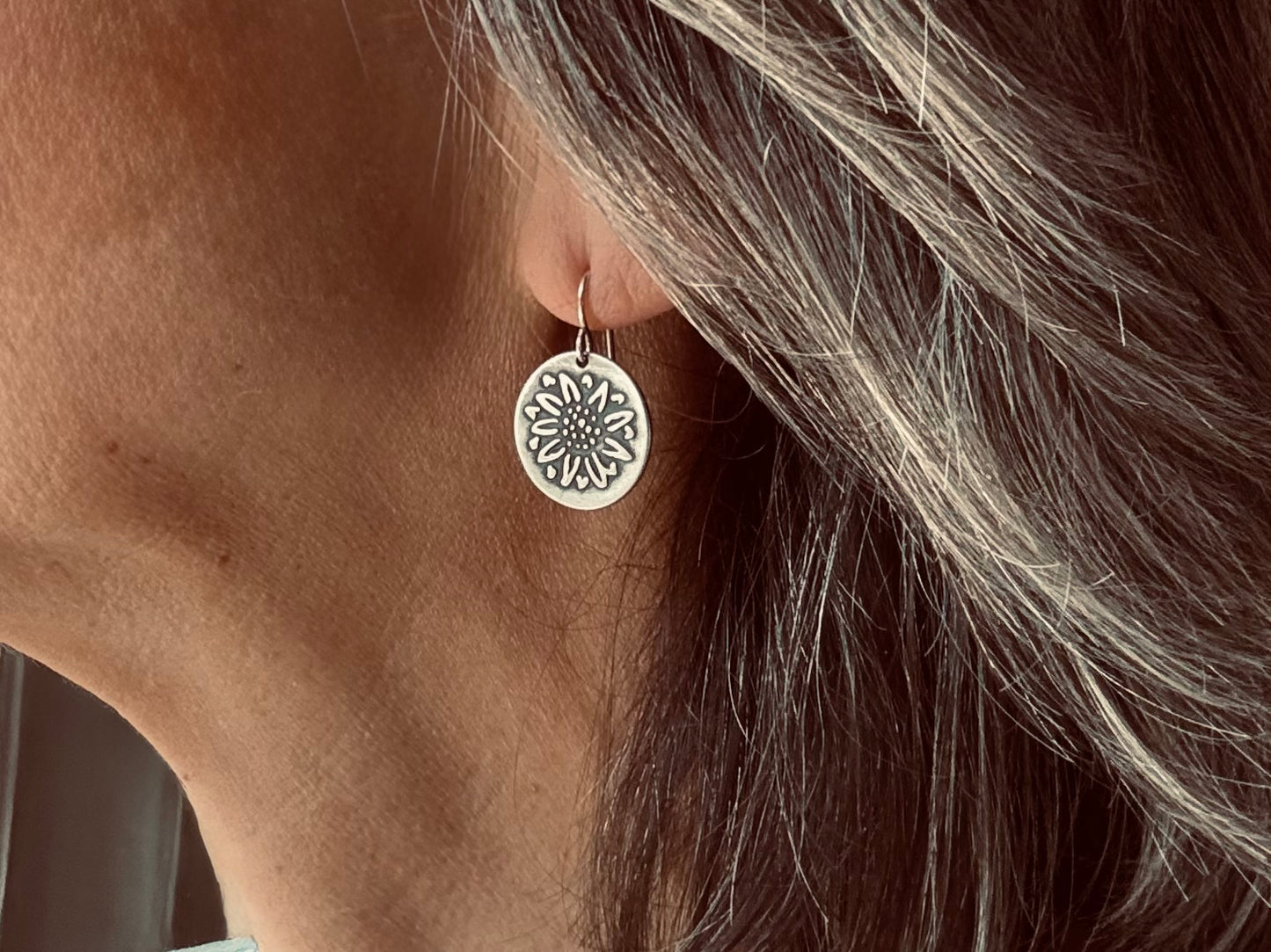 Rustic sunflower earrings in oxidized sterling silver
