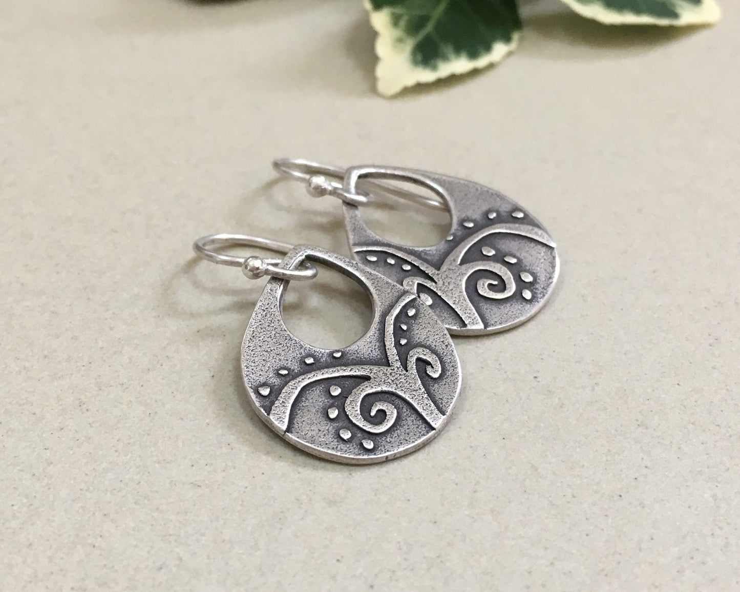 Primitive botanical design teardrop earrings in sterling silver