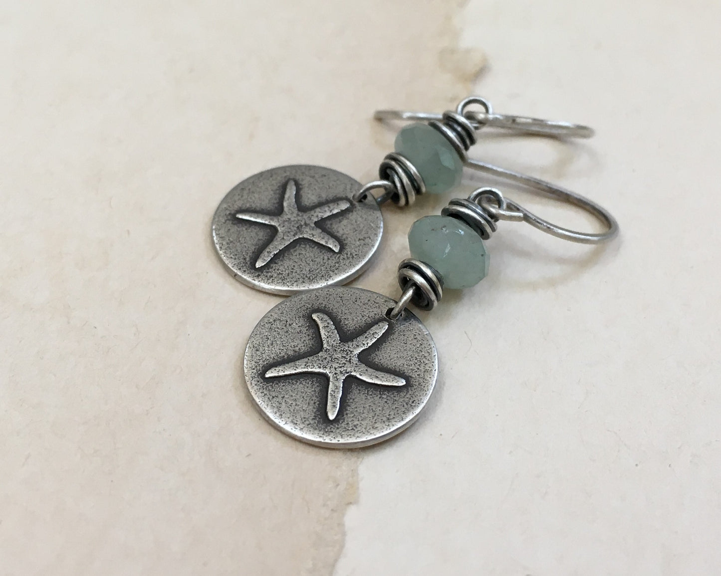 Beachy starfish earrings with seafoam green aventurine