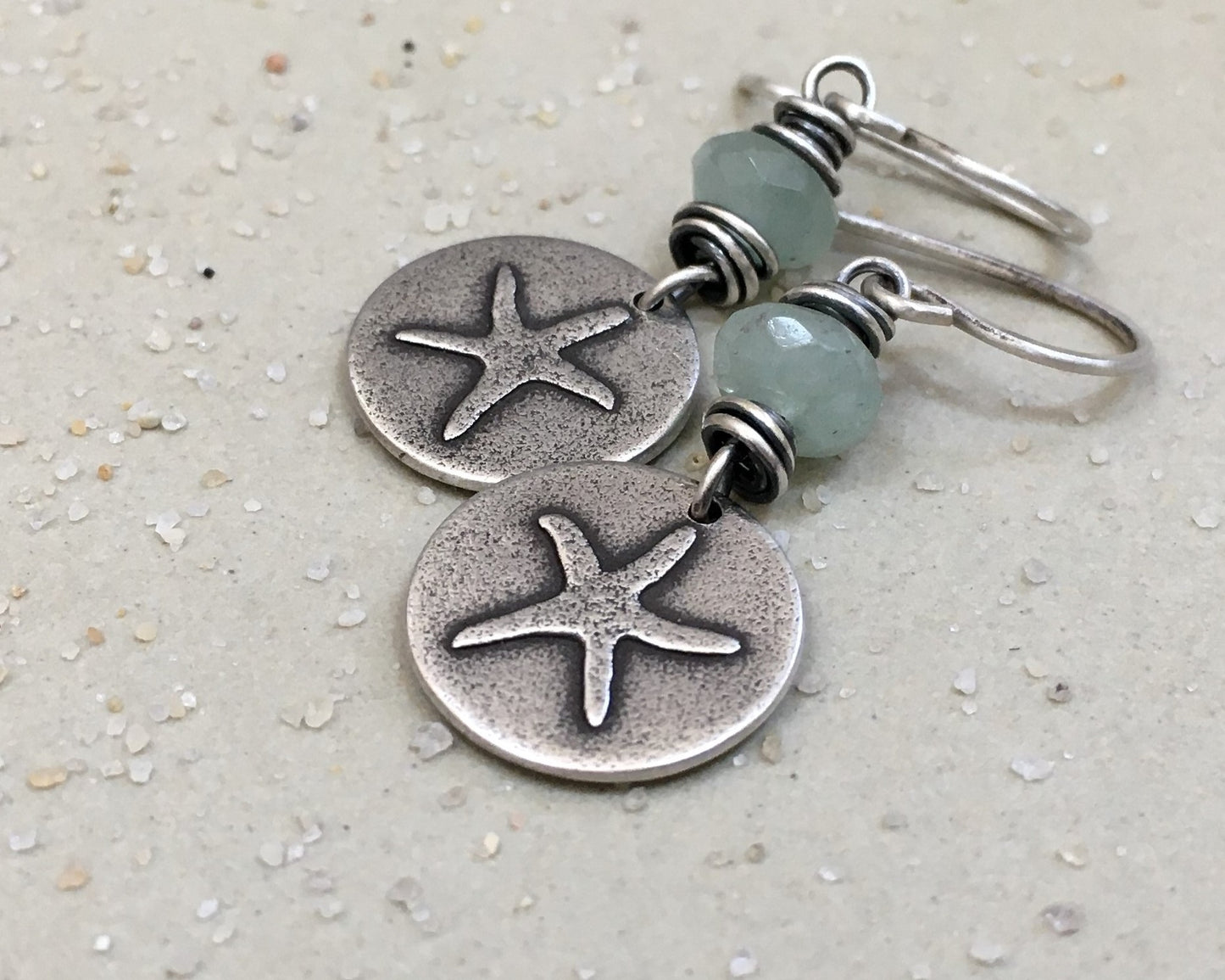 Beachy starfish earrings with seafoam green aventurine