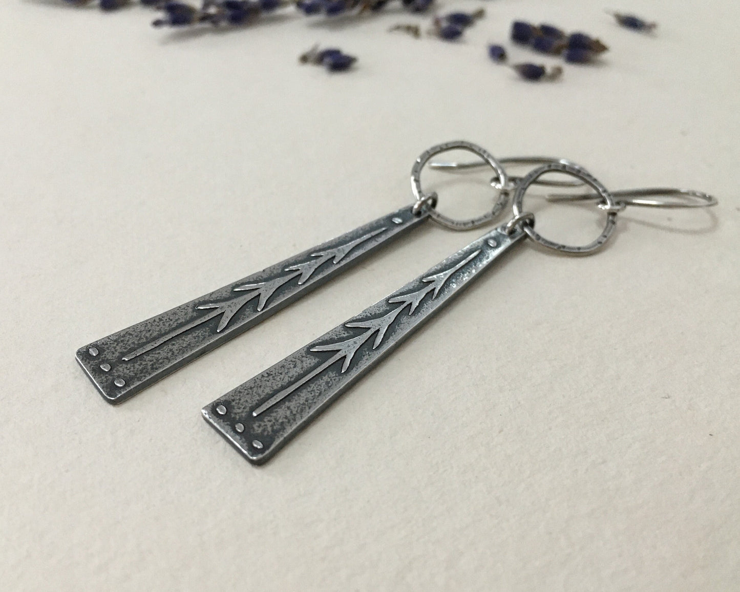 Lone pine tree earrings - long dangle with hoop in oxidized silver