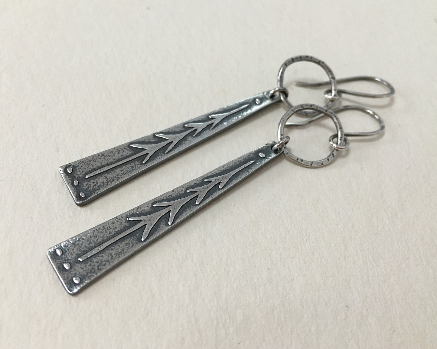 Lone pine tree earrings - long dangle with hoop in oxidized silver