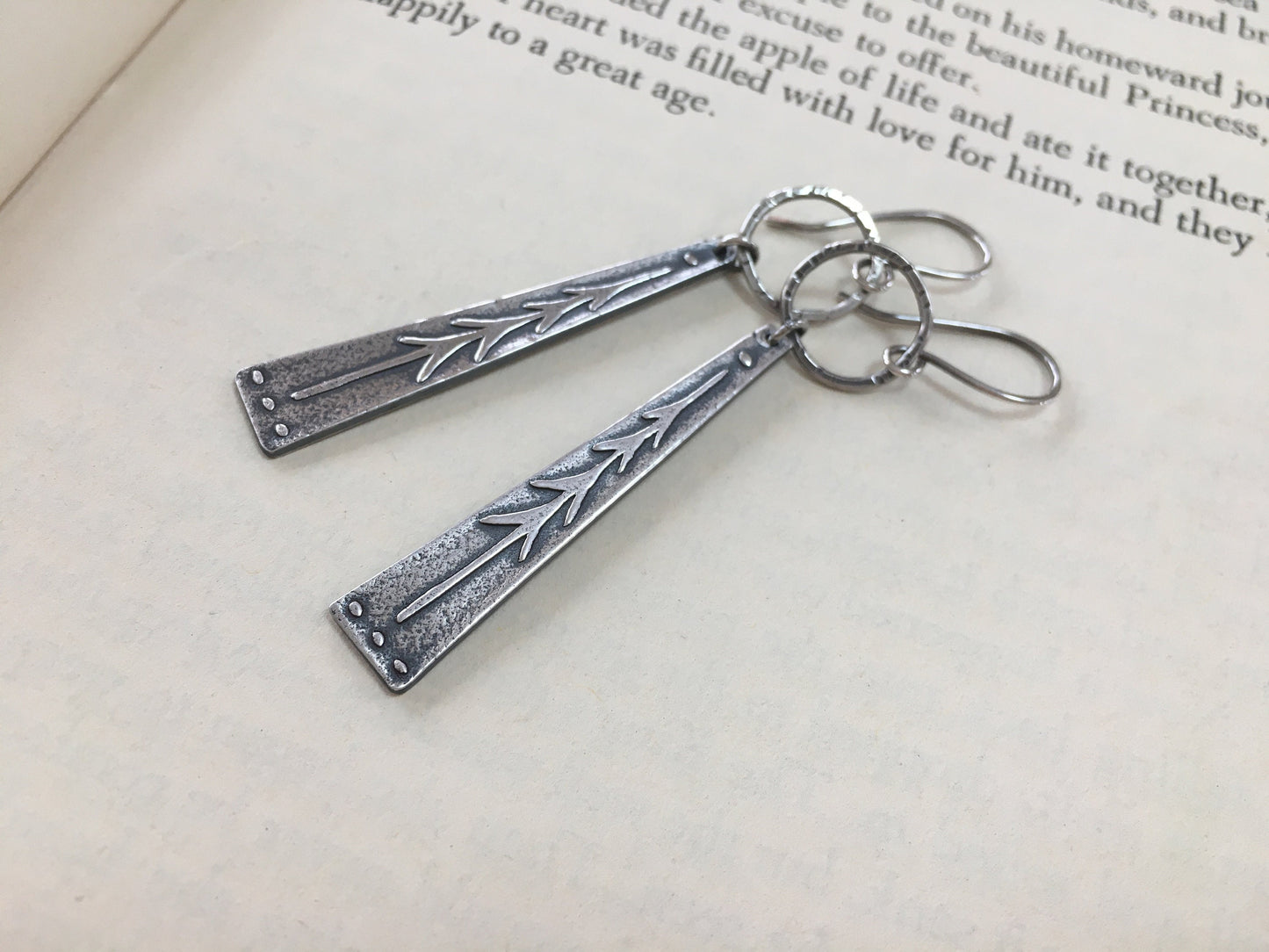 Lone pine tree earrings - long dangle with hoop in oxidized silver