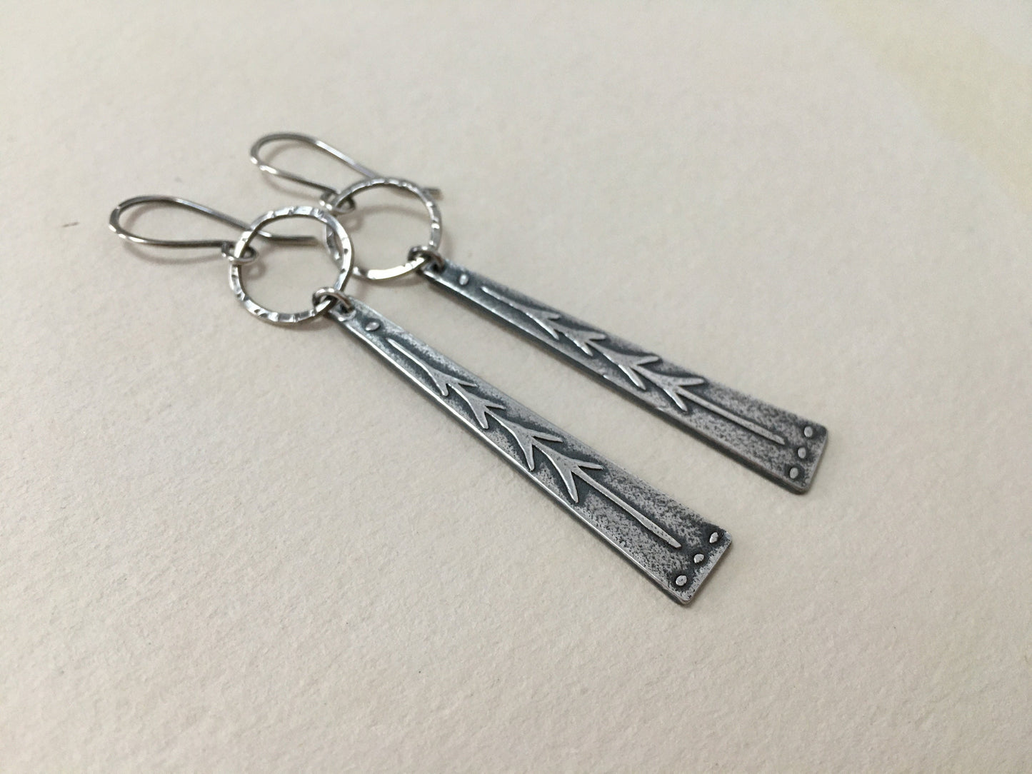 Lone pine tree earrings - long dangle with hoop in oxidized silver