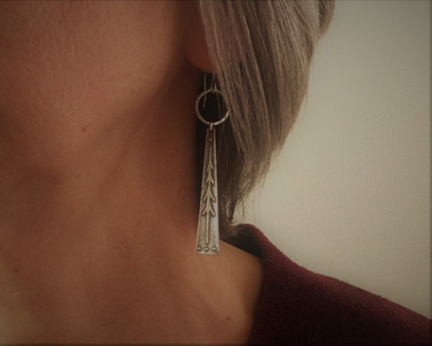 Lone pine tree earrings - long dangle with hoop in oxidized silver