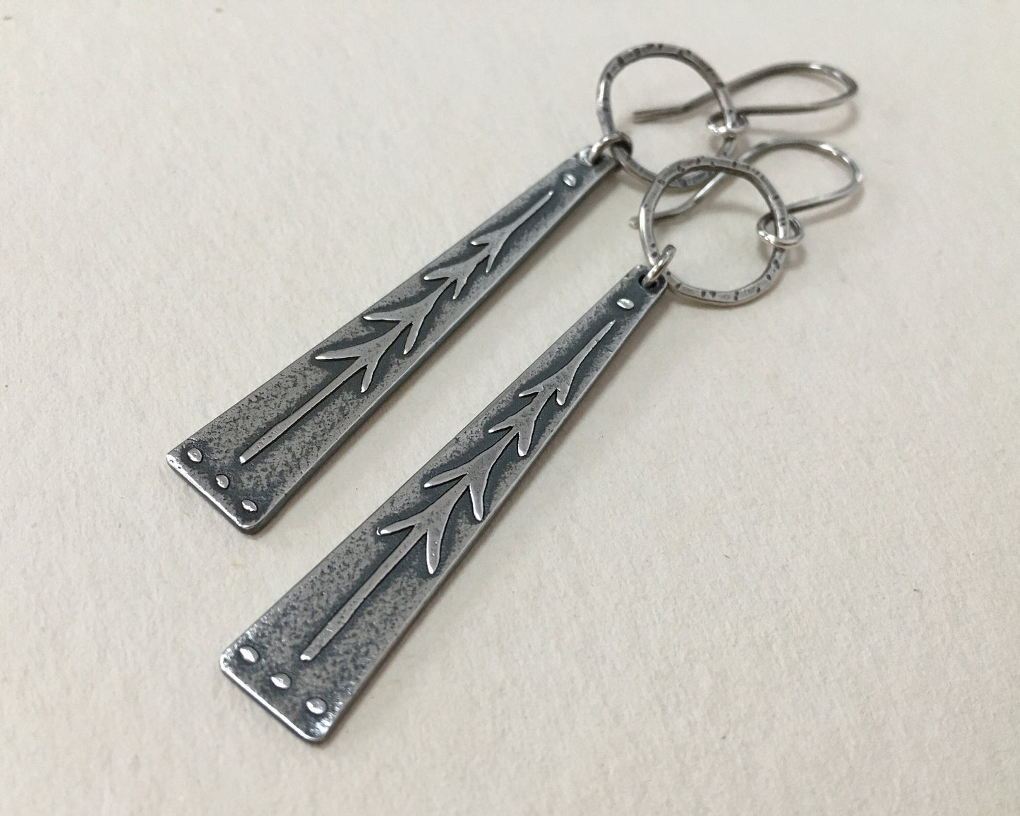 Lone pine tree earrings - long dangle with hoop in oxidized silver