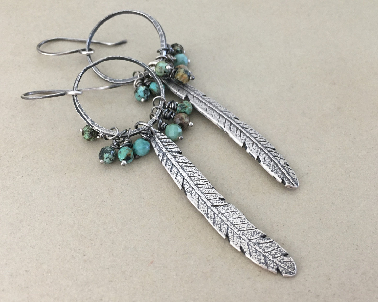 Bohemian silver feather earrings with African turquoise