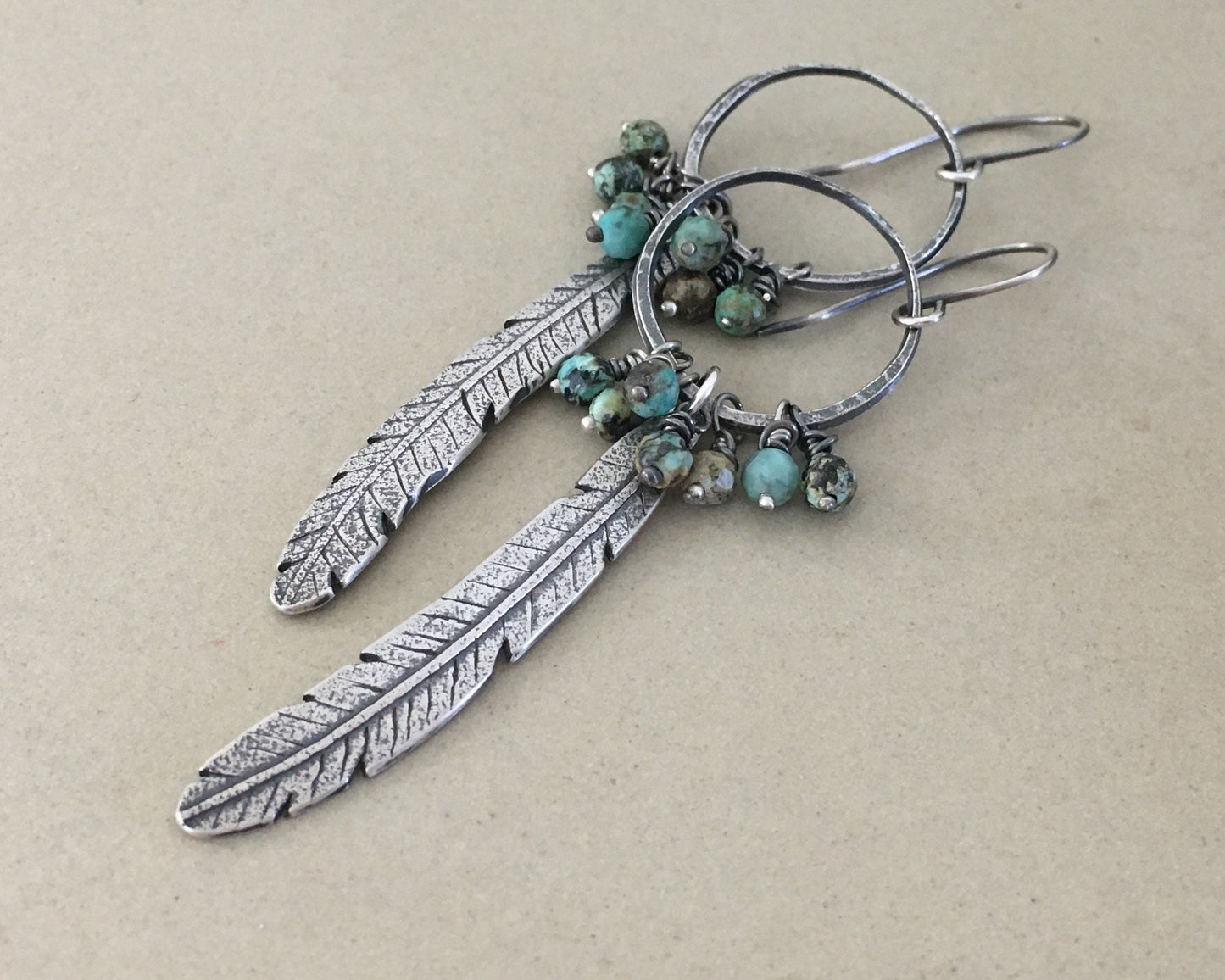 Bohemian silver feather earrings with African turquoise