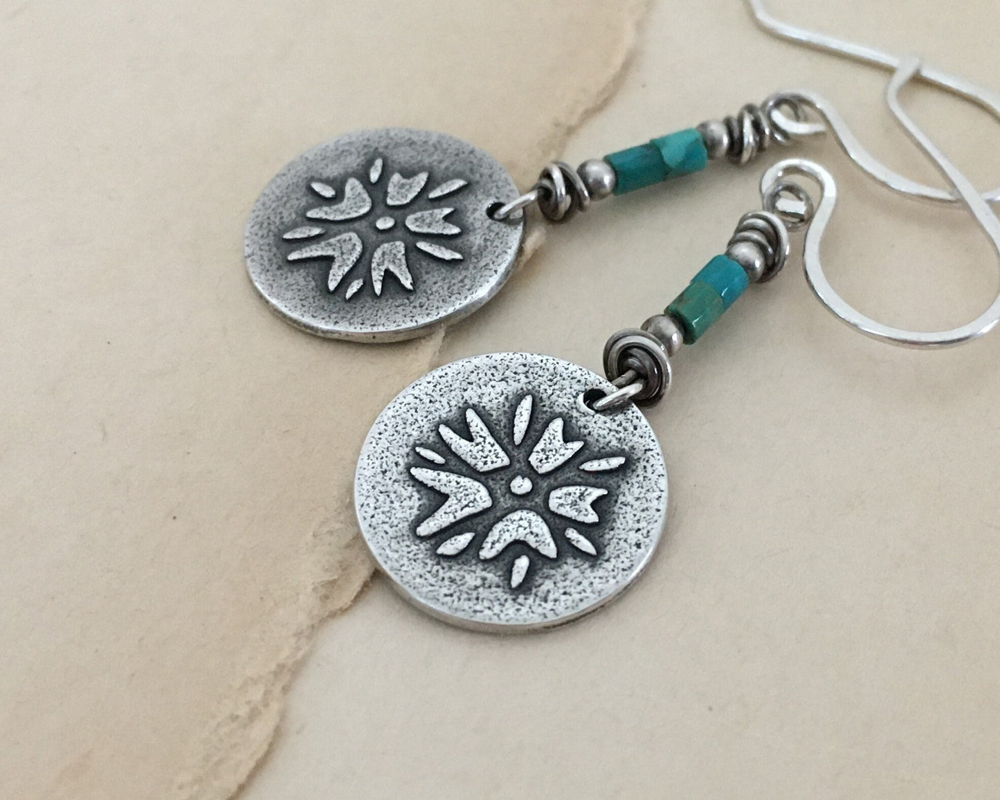 Boho southwestern flower earrings in oxidized sterling silver with turquoise beads