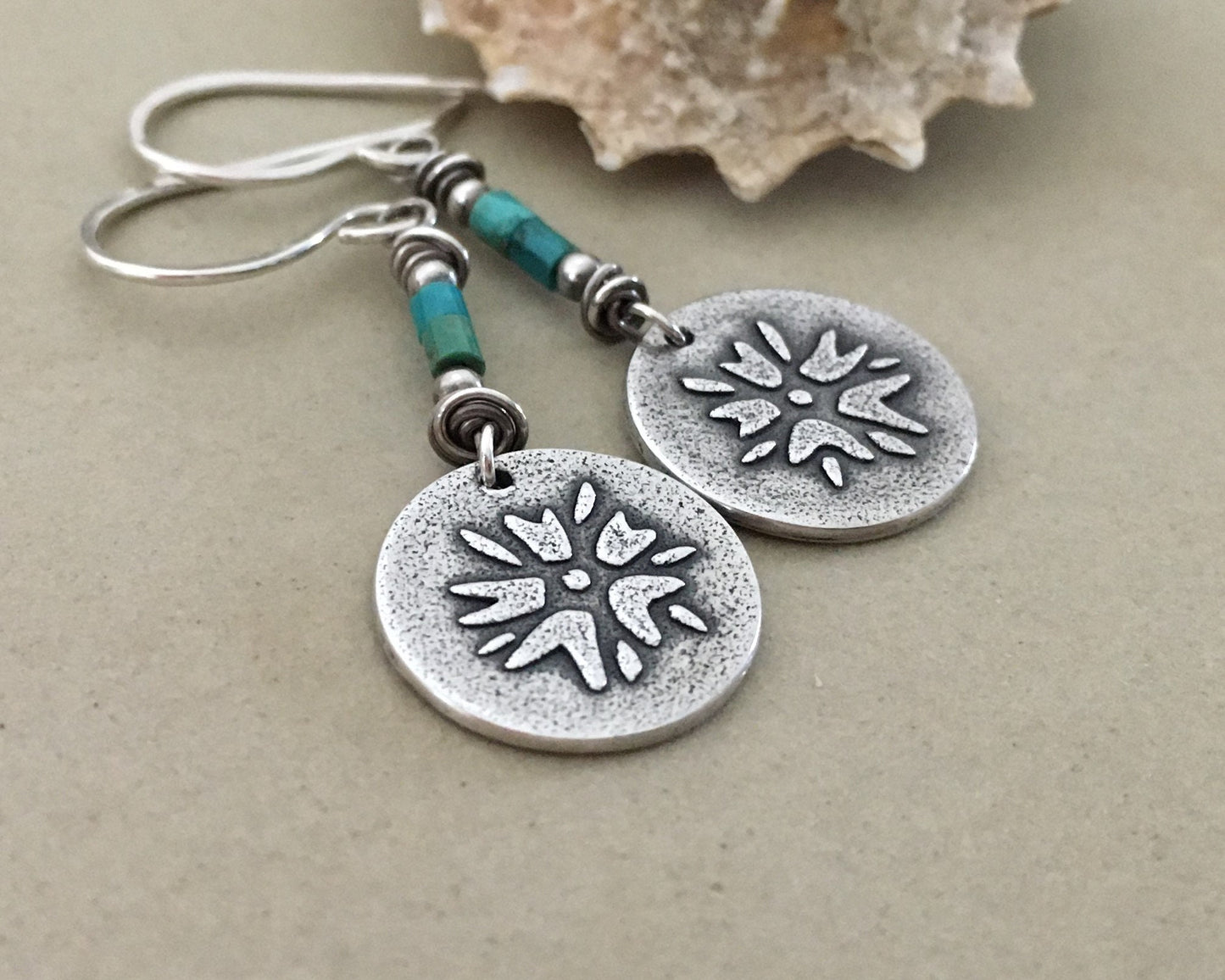 Boho southwestern flower earrings in oxidized sterling silver with turquoise beads